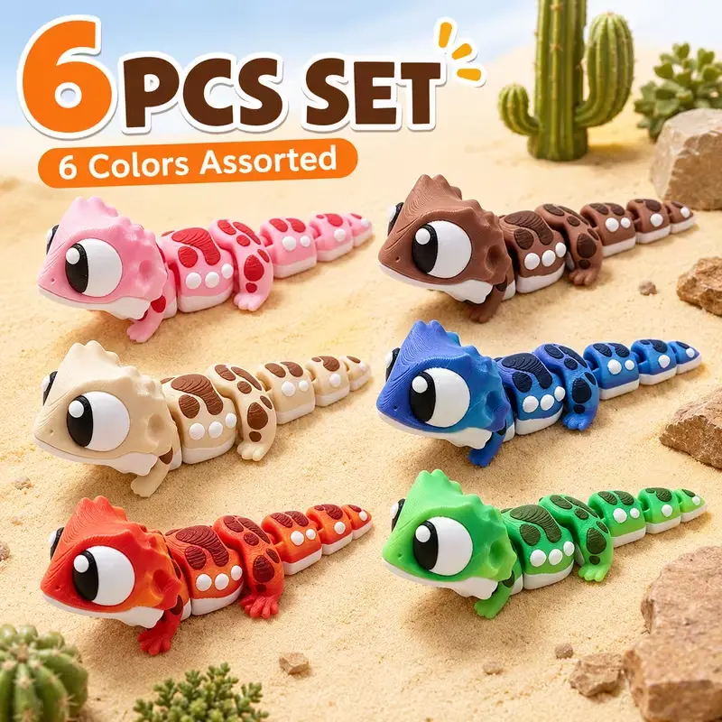 6PCS 3D Printed Gecko Lizard Figurine Set, Cute Articulated Reptile Decor, Mini Desert Animal Shelf Accent, Gecko Lover Gift, Desk Display Ornament