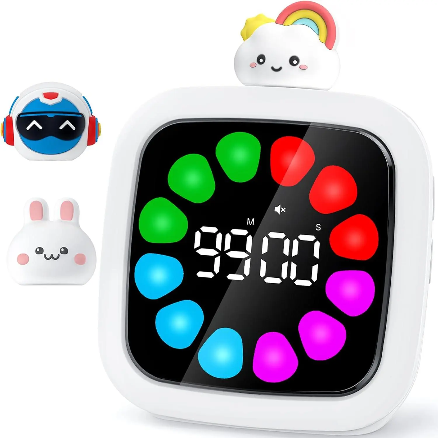 Yunbaote Children's Digital Visual Timer Rechargeable 99 Minutes Silent Countdown Timer with 19 Ringtones 9 Optional DIY Colorful Petal Display Time Management Tool with Pause Function (3 Dolls)