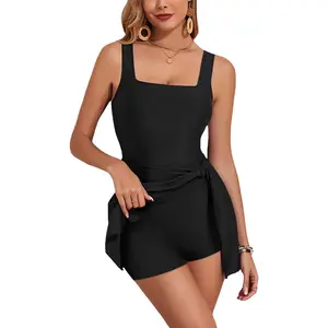 Women's Square Neck One Piece Skort Romper - Sleeveless Tie Waist Skirted Bodysuit with Built-in Shorts