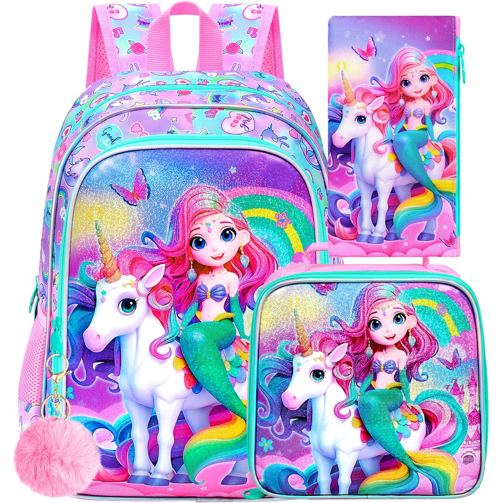 3PCS Mermaid Backpack, 16" Girls Unicorn Bookbag with Lunch Box, Water Resistant Kids Rainbow Elementary School Bag for Prechool Toddler