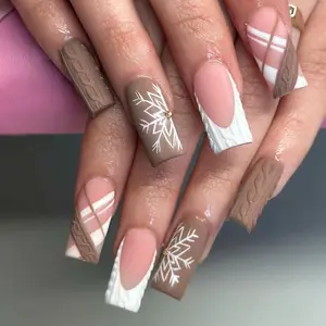 24pcs French Style Acrylic False Nails Set, French Nail Art, Snowflake Design, Christmas Winter Elements, Includes Jelly Glue & Nail File, for Women and Girls