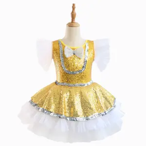 Girls’ Gold Sequined Ballet Tutu with Silver Trim & Multi-Layer White Tulle Skirt — Super Eye-Catching for Performances #ChildrensBallet #StageCostume #SequinPrincessDress #
