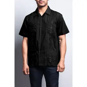 Men's Short Sleeve Cuban Style Guayabera Shirt (Black)