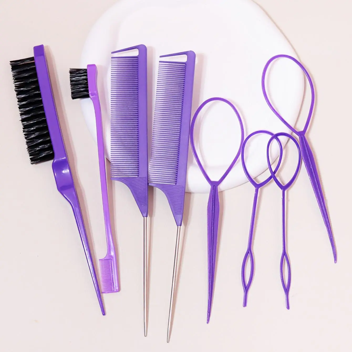 Hair Comb and Hair Braiding Set, Including 4 Weaving Tool Rings, 2 Mouse Tail Combs, 1 Double-end Comb, 1 Edge Control Brush, Heatless Styling Tools f
