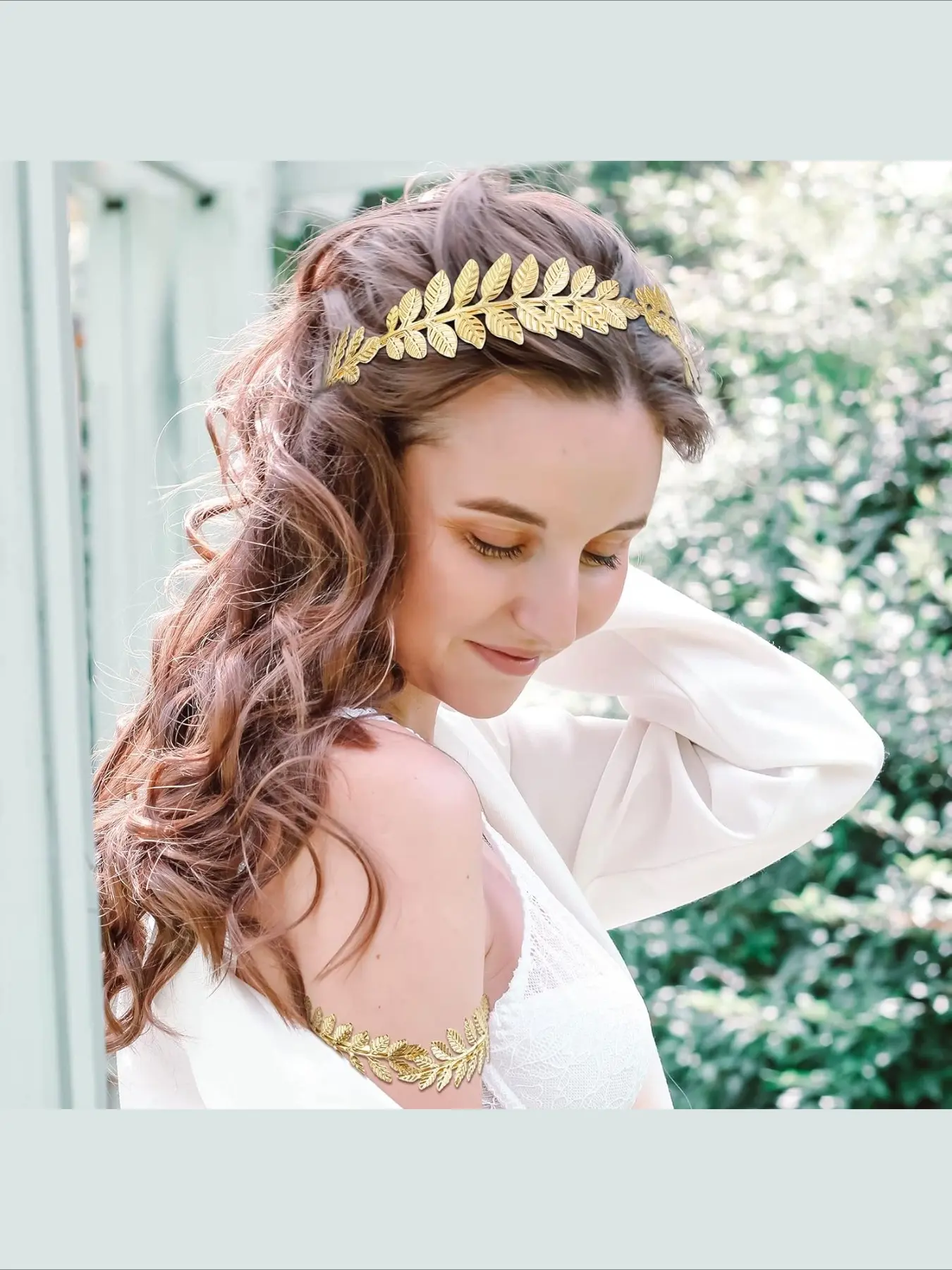 Greek Goddess Costume Accessories Set Pearl Crown Laurel Leaves Earrings 5pcs Gold Greek Goddess Costume Accessories, Headpiece  main image 3