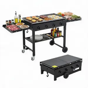 36 Inch Propane Flat Top Grill Station, 4 Burners 60000 BTU Outdoor Gas Griddle with Rolling Cart, Side Shelf Grease Cup for Backyard BBQ Party