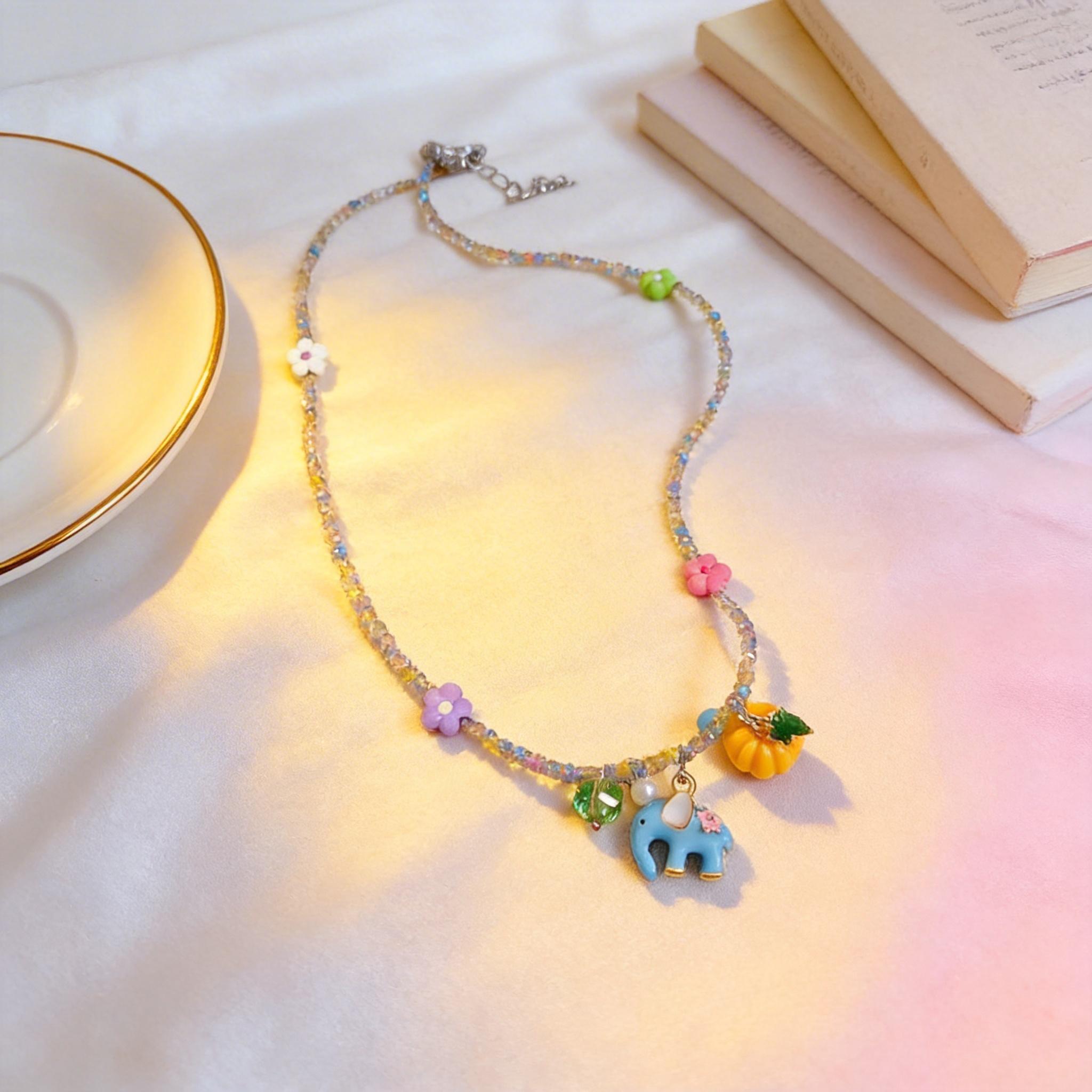 Hypoallergenic Cute Blue Elephant Pumpkin Pendant Necklace, Colorful Beaded Flower Choker for Girls, Sweet Gift for Daughter, Niece, Best Friend, Ideal for Summer, Holiday, Party & Everyday Wear