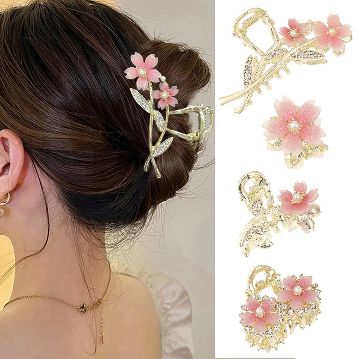 AWAYTR 4 Pack Hair Claw Clips for Women Girls Strong Hold Hair Clamps Metal Flower Hair Clips Hair Barrettes Fashion Hair Accessories for Long Thick Thin Curly Hair