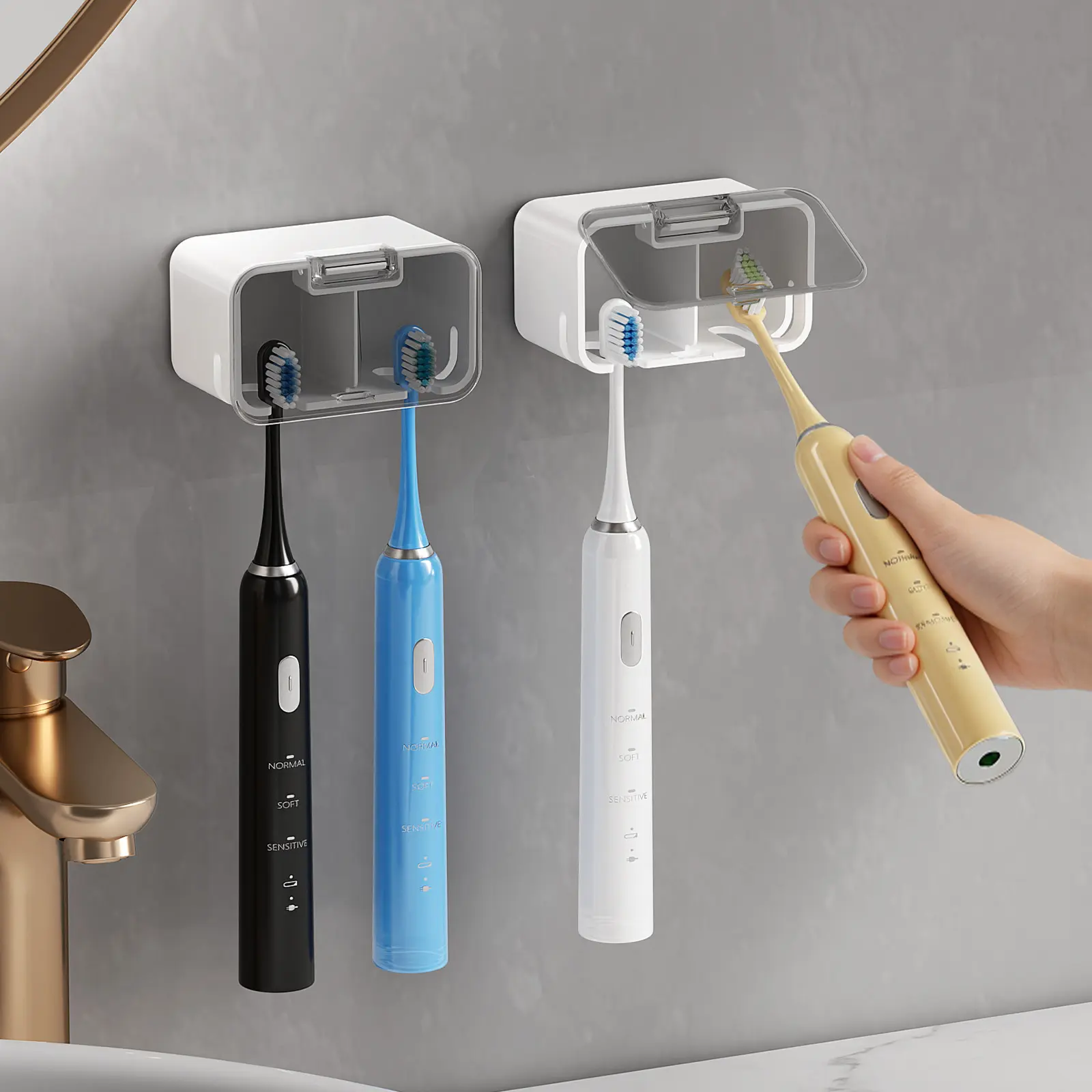 MOPMS Toothbrush Holder Wall Mounted, Waterproof Dustproof Toothbrush Organizer with Automatic Touch Opening Lid, Dual Individual Compartments for Electric & Manual Toothbrushes, Ventilated Bathroom Storage Rack with No Drill Adhesive Installation