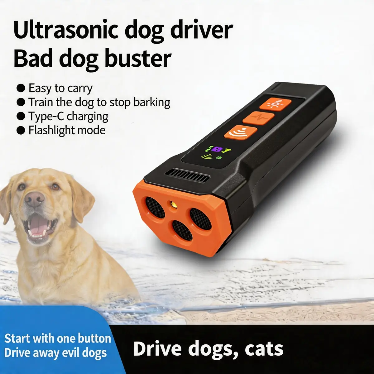 Heaflex Ultrasonic Dog Bark Deterrent Device,3X Sonic Emitters with Intelligent Variable Frequency(15KHz-40KHz)LED Flashlight,Dual-Mode Anti-Barking Trainer,TP-C Rechargeable Handheld Silencer for Indoor/Outdoor Behavior Control,Safety Lock Included, Wris