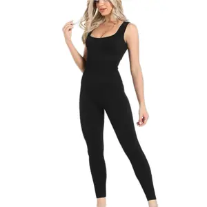 Soo Slick Women's Ribbed Sleeveless Jumpsuit with Tummy Control and Square Neckline in Black - Breathable, Basic