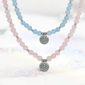 8mm Rose Quartz 108 Mala Beads Necklace | Lucky Healing Crystal Wrap Bracelet Yoga Meditation Jewelry Lotus Charm Ramadan Gift