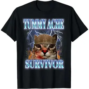 Funny Tummy Ache Survivor Cat Meme Graphic T-Shirt for Adults Kids and Boys Vintage Style Short Sleeve Clothing