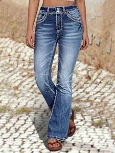 Plus Size Women's Jeans with Dual Button Design at Natural Waist, Fashionable Fitted Micro Flare Pants with Pockets, All Seasons Wear