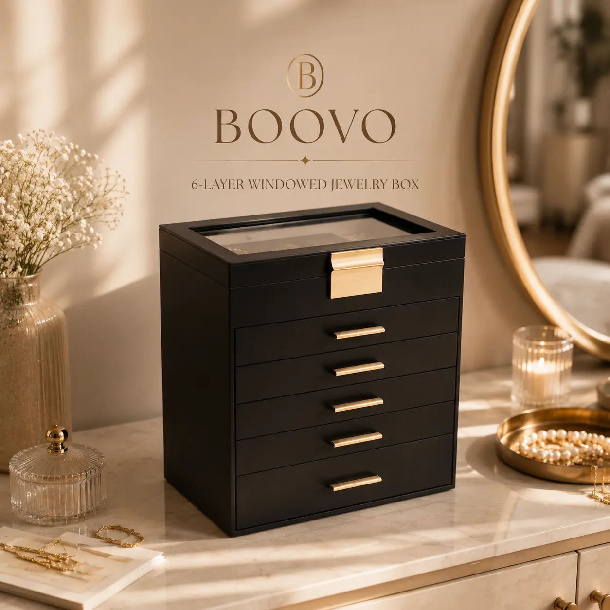 BOOVO（Classic Black）6-Layer Jewelry Box for Women - Large Jewelry Organizer with Glass Lid & Mirror, PU Leather Jewelry Storage Box, Velvet-Lined Holder for Necklaces, Rings & Earrings, Birthday Gift for Mom, Wife & Girlfriend