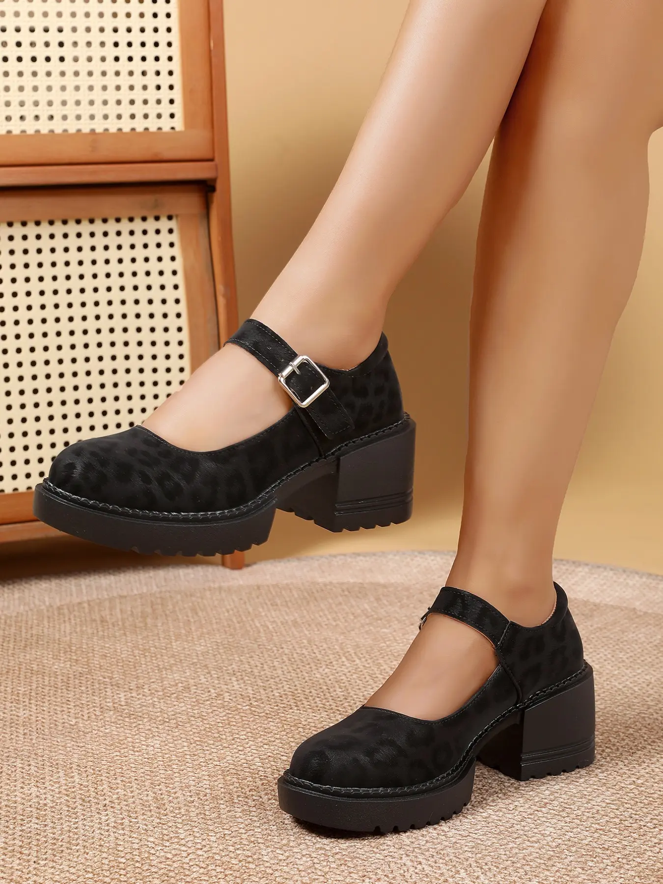 2026 New Leopard Print Mary Jane Heeled Shoes, Thick Sole Waterproof Platform Loafers, Versatile Office Wear Women's Shoes