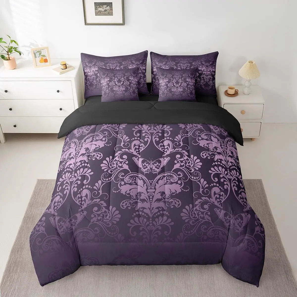 Feelyou 7-Piece Gothic Damask Comforter Set - Bed in a Bag with Butterfly Skull, Purple Victorian Floral Goth Decorative Microfiber Bedding Set, Decorative Bedding Set