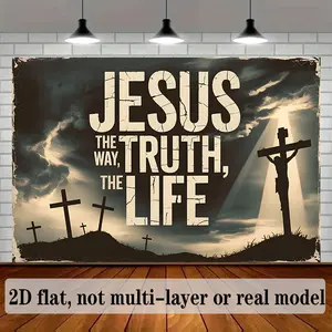 2D Flat, 1pc Christian Religious Banner "The Way, The Truth & The Life" Christ Cross Design - Durable Church Decor for Indoor/Outdoor Use, Christmas, Easter, Weddings, Baptisms - Easy Hang Setup with Crosses Backdrop, 2D Flat