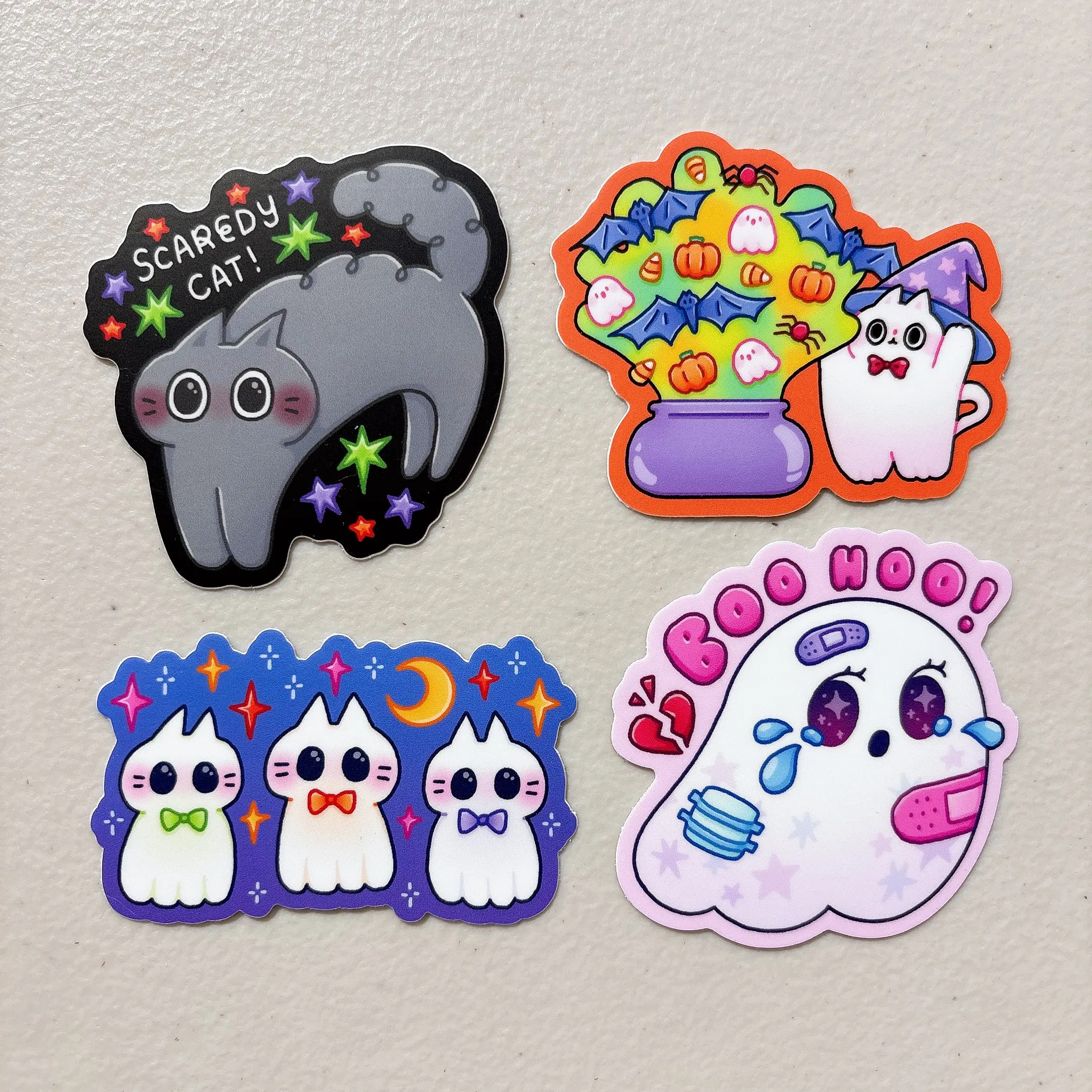 StickyRiceCo Halloween 2025 Stickers - Waterproof Diecut Heavy Duty Vinyl Set of Four Unique Designs for Laptops & Water Bottles Scaredy Cat Exploding Cauldron Cat Triple Ghost Cats Boo Hoo Crying Ghost
