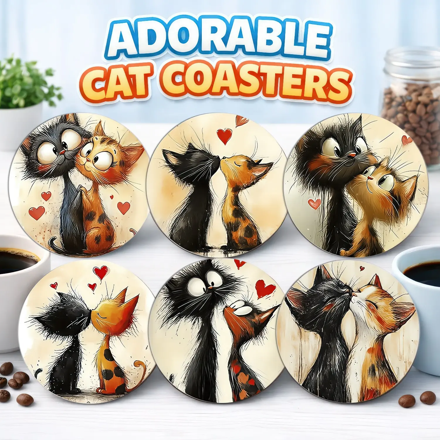 Aesthetic Cat Coasters 6 Pack – Cute Kitty Coffee Bar Non-Slip Heat Resistant Round Drink Mats for Countertop Shelf – Viral Coffee Station Decor – Boho Rustic Farmhouse Home Accent – Trendy Gift for Her Cat Mom Wife