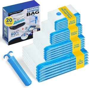 Vacuum Seal Bags for clothing - 20 Pack Vacuum Storage Bags for Travel (5 Jumbo/5 L /5 M /5 S), Space Saver with hand pump, Vacuum Sealed Bags for Luggage Clothes Blankets Bedding