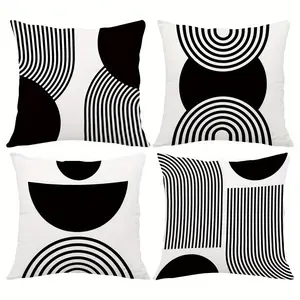 4pcs, Black & White Geometric-Themed Throw Pillow Covers, Modern Abstract Circle & Stripes Design, Decorative Cushion Covers for Sofa, Bed, Living Room & Bedroom, Single Sided Printing, No Pillow Core