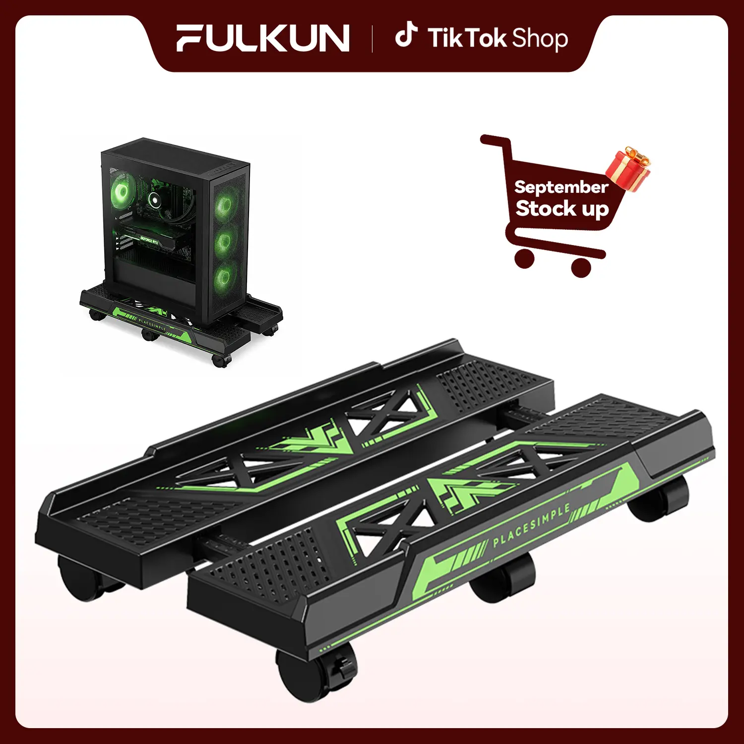 Fulkun PC Stand with 6 Wheels, Adjustable Computer Tower Stand for Floor, Heavy Duty Mobile CPU Stand with Locking Casters, Fits Large PC Cases, Ventilated, 80LB Capacity