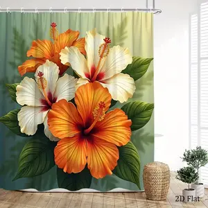 Hibiscus flower patterned shower curtain, Shower Essentials, Floral, perfect for bathroom décor, beautifies the space, easy to clean, available in multiple sizes, and includes a shower curtain hook.