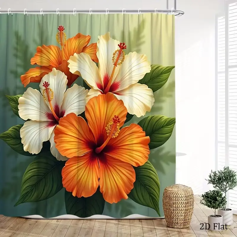 Hibiscus flower patterned shower curtain, Shower Essentials, Floral, perfect for bathroom décor, beautifies the space, easy to clean, available in multiple sizes, and includes a shower curtain hook.