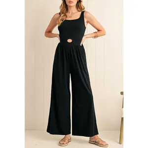 Black Solid Color Cutout Wide Leg Jumpsuit