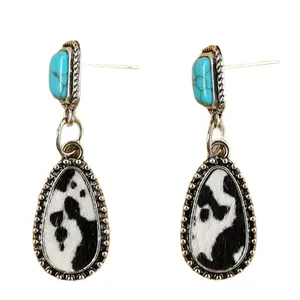 Cowhide Textured Black White Print Turquoise Earrings Light Weight