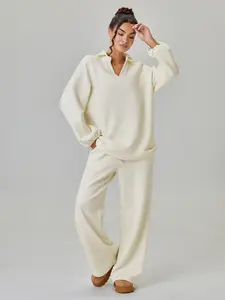 Women's Modest Fashion Loose Fit V-Neck Long Sleeve Knit Sweater Set with Drawstring Waist Pants, Casual Plain Pattern, Fall & Winter Womenswear