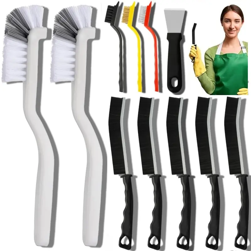 11pcs Crevice Brush Set with Handle - Home Specialty Kitchen Utensil, Practical Durable Cleaning Tool for Every Family, Hanging Spaces Compatible