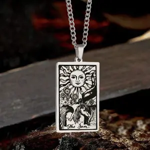 GTHIC The Sun Major Arcana Tarot Stainless Steel Necklace Squard Card Necklace for Daily Wear