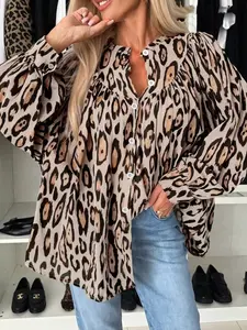 Plus Size Leopard Print Puff Long Sleeve Shirt Casual Loose Fit Button-Down Blouse, Y2K Clothes Summer Daily Wear, Trendy Animal-Print Tops, Comfortable Relaxed Fit Casual Ensembles, Stylish Voluminous Sleeve Detail Party Casual Wear