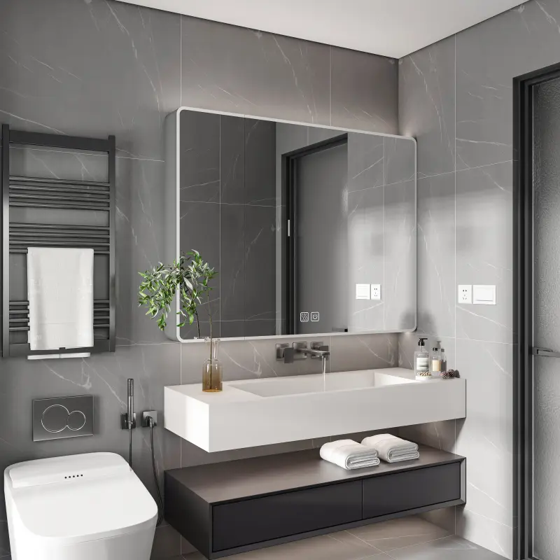 35 x 28 Inches Bathroom Mirror Cabinet with 3 Colors LED Light and Defogging Function, Smart Bathroom Mirror Cabinet with Cosmetic Storage Rack and Hair Dryer Holder, Gray