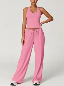 Women's Casual Sporty Two-Piece Set, Vest & Wide-Leg Pants, Comfortable Design for Fitness & Daily Wear, All-Season, Casual Sportswear, Airport Outfit, Sporty Style Clothes