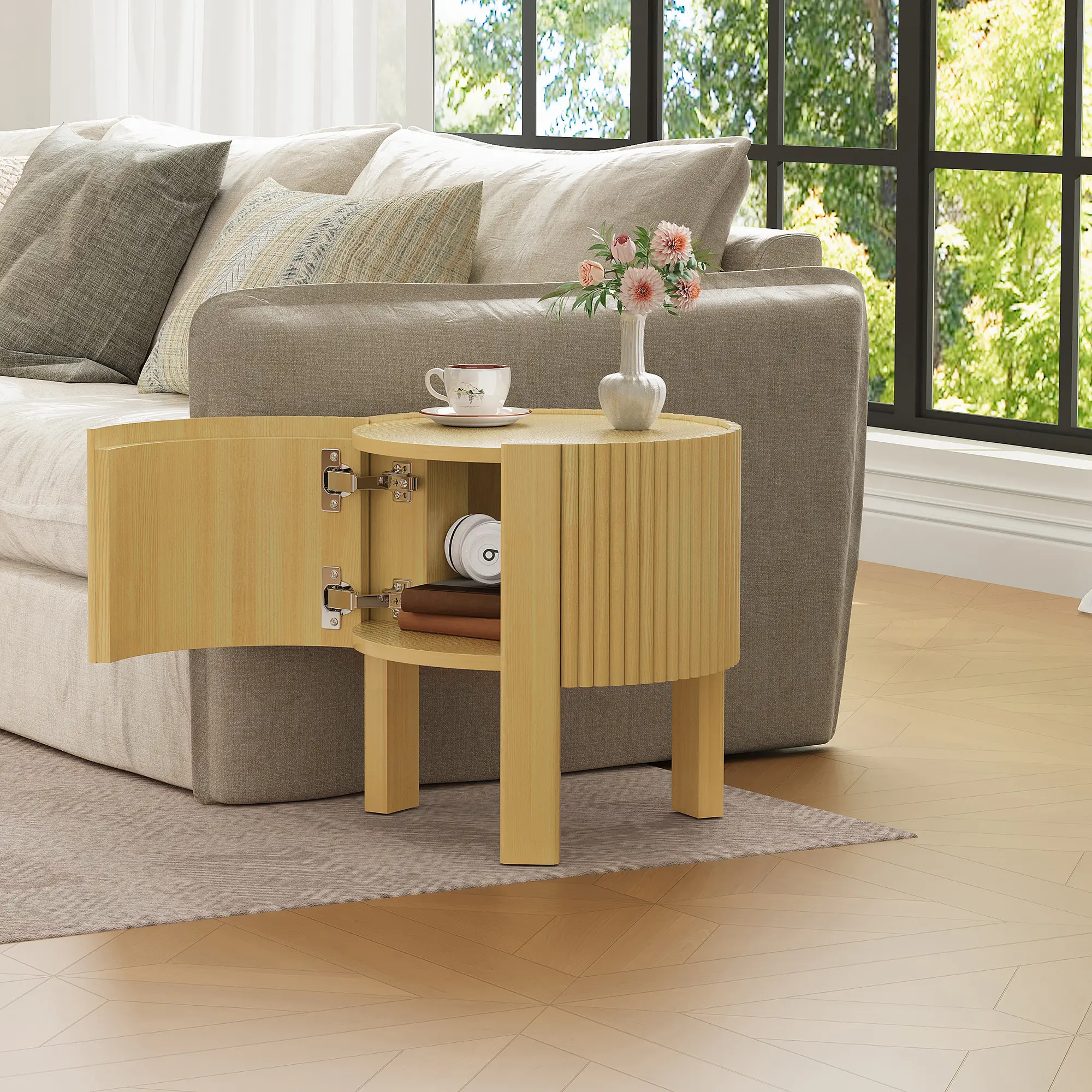 Round Fluted Side Table with Storage for Living Room, Rubber Solid Wood, Soft-Close Door, Natural Finish, 19.6" End Table, Accent Table, Nightstand, Small Space Furniture, Easy Assembly, Living Room Table for Sofa Side, Bedroom, Office