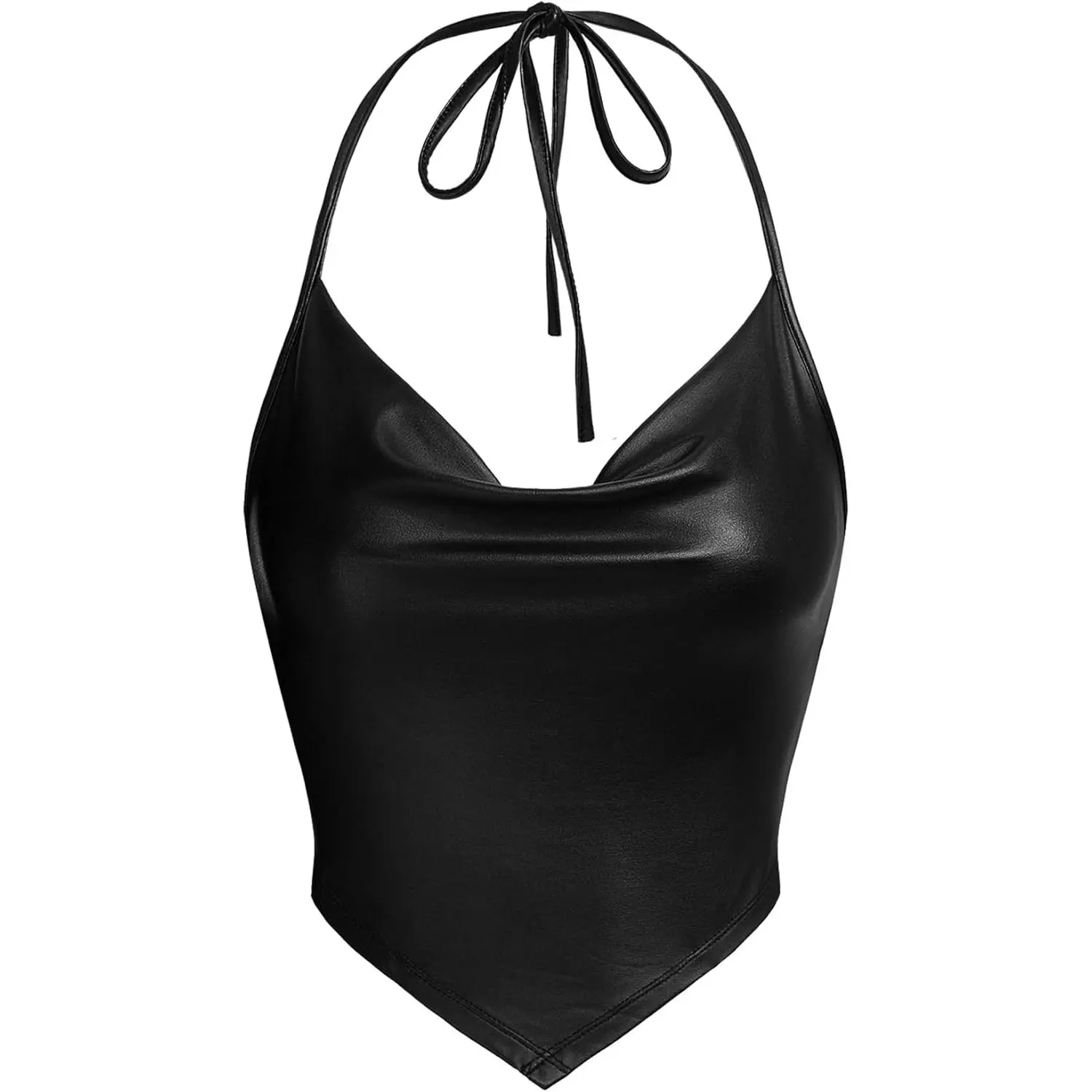 Women's Slim-Fitting Casual Draped Halter Neck Crop Cami - Black PU Leather Material, Sleeveless, for Minimalist Going Out Looks, Refer to Size Chart, Leather & Faux Leather, Party