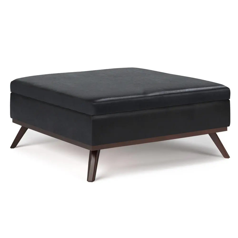 Owen Medium Square Storage Ottoman - Vegan Leather Upholstered Multi-Purpose Mid Century Modern Footstool with Underseat Compartment, Living Room Indoor Stools & Benches, Upholstered Storage Ottoman