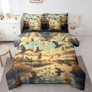 Reed Marshes 7 Piece Bedding Set,Mallards Comforter Set with Sheets Wild Ducks Clouds Wild Animal Theme Bed in a Bag SunSet,Trees Hunting Waves for Teens Men Women
