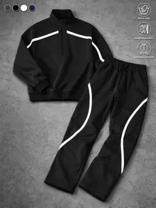 Men's Stylish Stand Collar Striped Half Zipper Casual Set Comfortable Skin-friendly Fabric Straight Leg Design American Vintage Cozy Outfit Early Spring Versatile Couple's Wardrobe Essentials