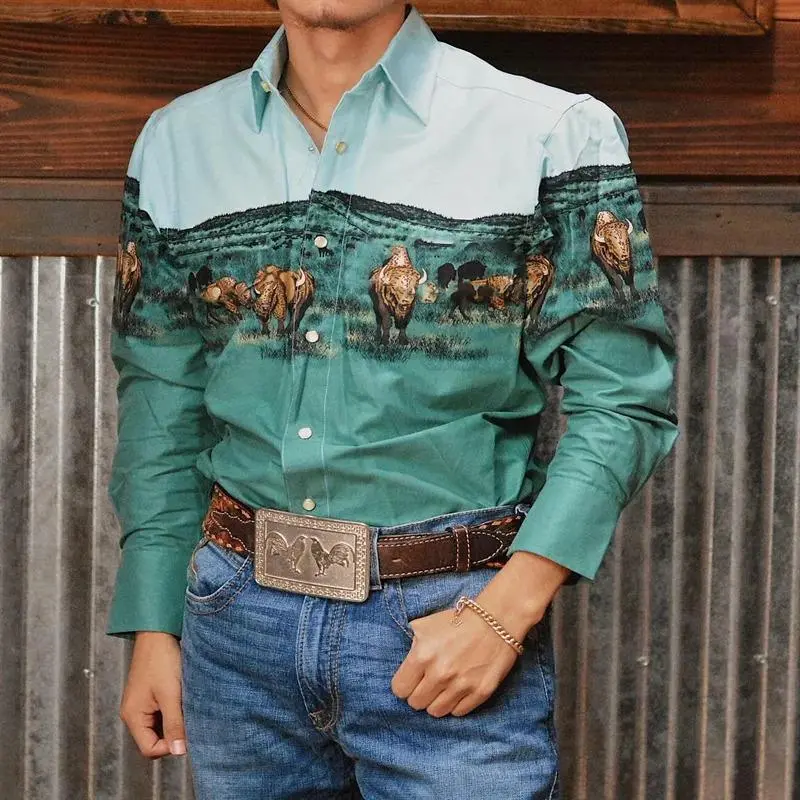 Men's Casual Shirt, Long Sleeve Collared Neck Button-Down in All-Seasons Polyester Fabric with Graphic Print for Outdoor Trips, Single Breasted, Multi-Size