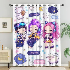 K-Pop Q Version Girl Group Print Blackout Curtain 2Pcs/Set, Top Ring No Drilling Design, Sweet Cool Cyber Girl Cartoon Bedroom Teen Dorm Heat Insulation, UV Protection, Exclusive Gifts for Anime Fans