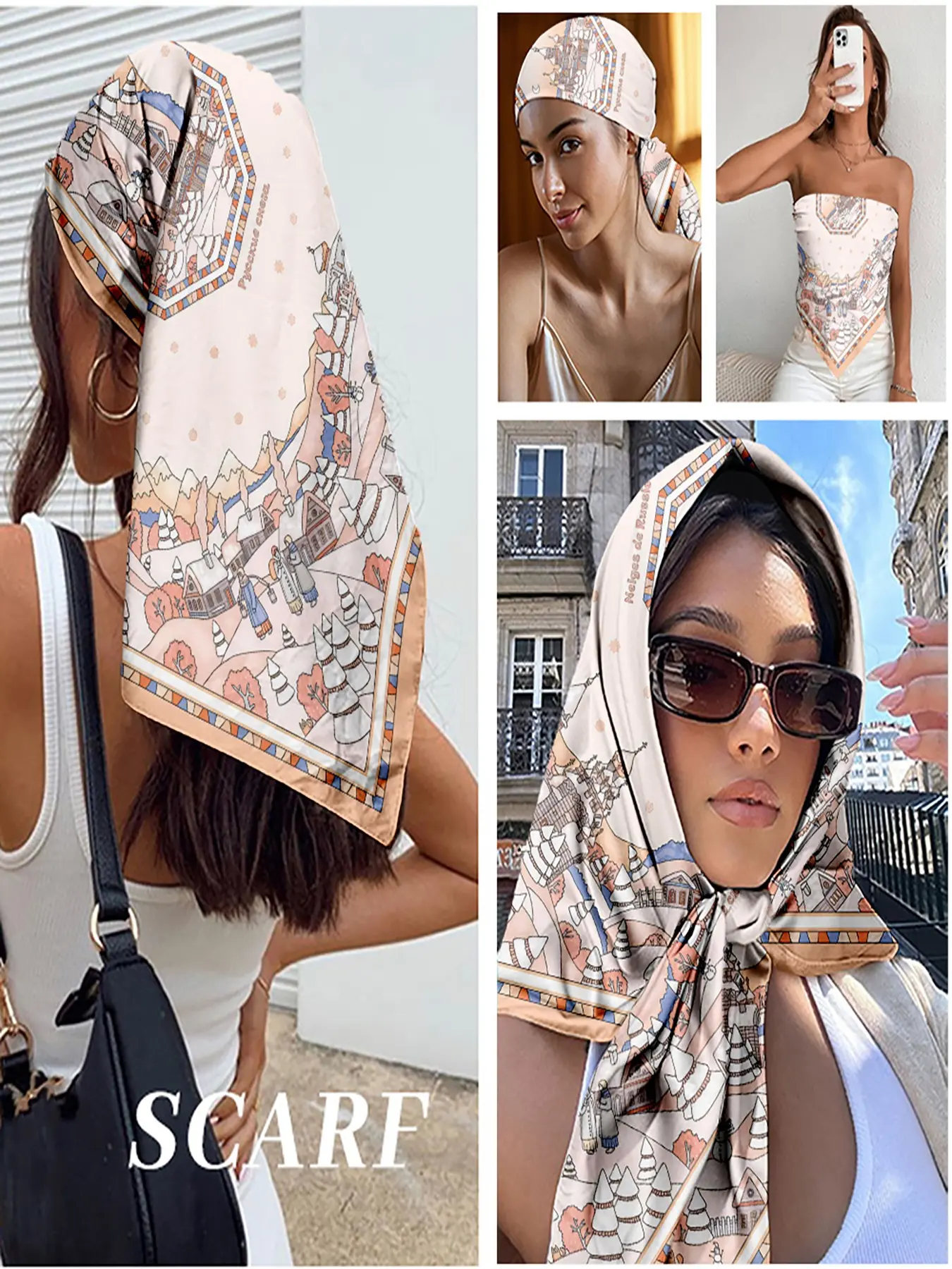 Vintage Russian Winter Scene Square Scarf - Elegant Beige Satin Bandana with Snowy Town Print, Versatile Hair Wrap/Neck Scarf/Bag Accessory, Perfect for Winter Holiday & Christmas Fashion