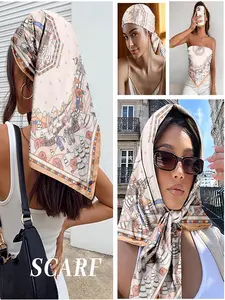 Vintage Russian Winter Scene Square Scarf - Elegant Beige Satin Bandana with Snowy Town Print, Versatile Hair Wrap/Neck Scarf/Bag Accessory, Perfect for Winter Holiday & Christmas Fashion