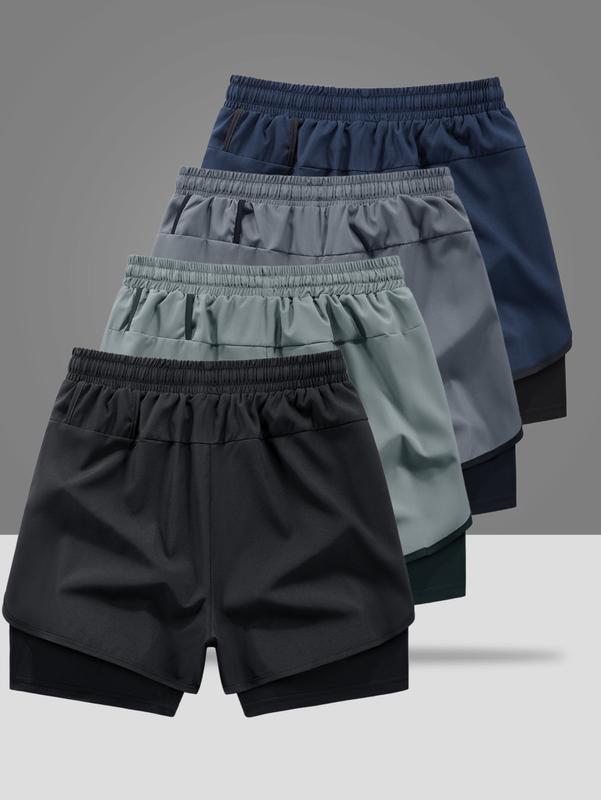 4-pack with double-layer design sports shorts, featuring a loose outer layer and breathable quick-dry liner perfect for running, workouts, and everyday casual wear