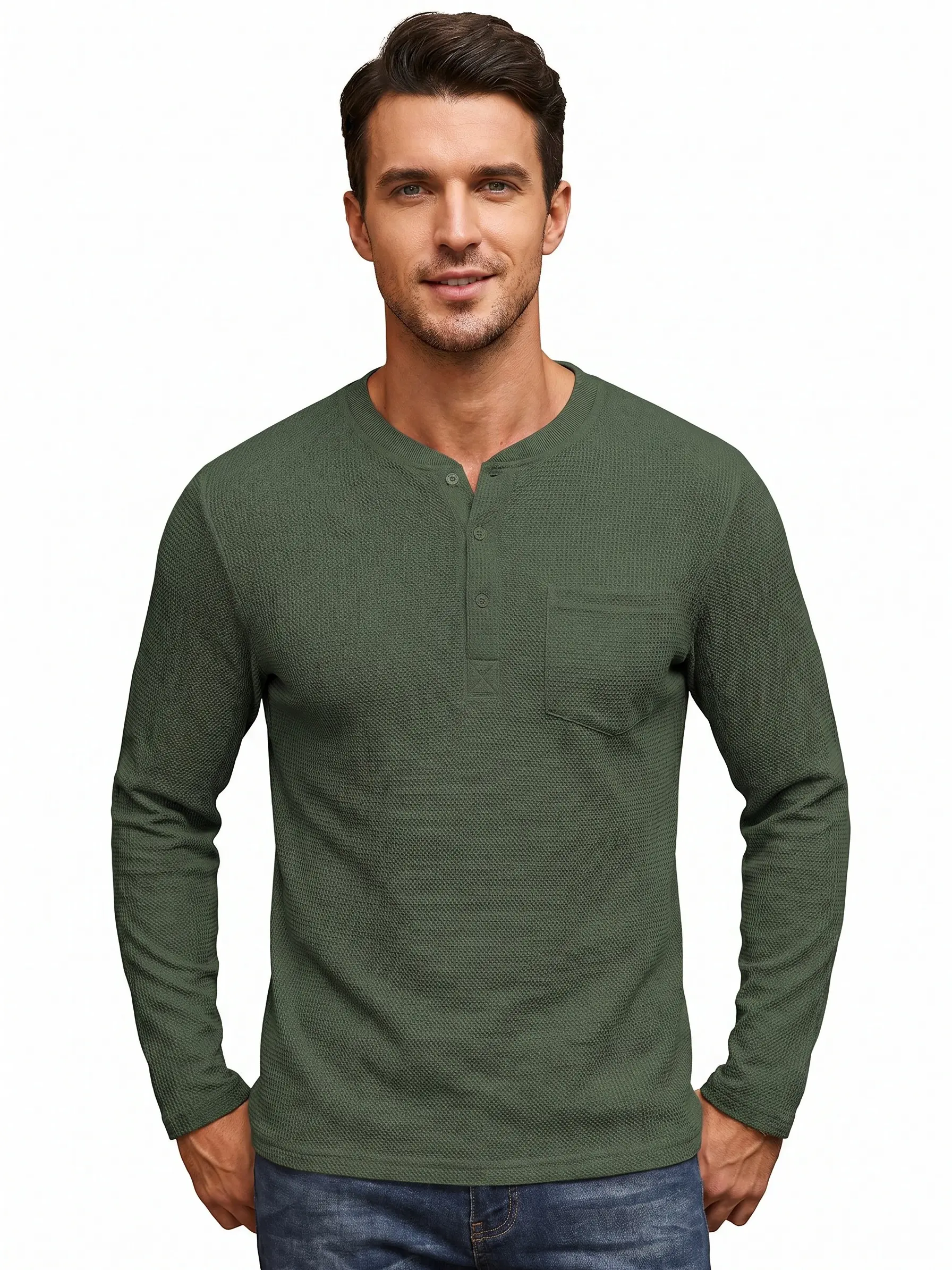 Confandy Men's Henley Shirts C Long Sleeve Basic Waffle Pique Pullover T-Shirt with Pocket Machine Washable Streetwear Top