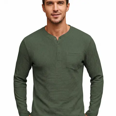 Confandy Men's Henley Shirts C Long Sleeve Basic Waffle Pique Pullover T-Shirt with Pocket Machine Washable Streetwear Top