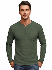 Confandy Men's Henley Shirts C Long Sleeve Basic Waffle Pique Pullover T-Shirt with Pocket Machine Washable Streetwear Top